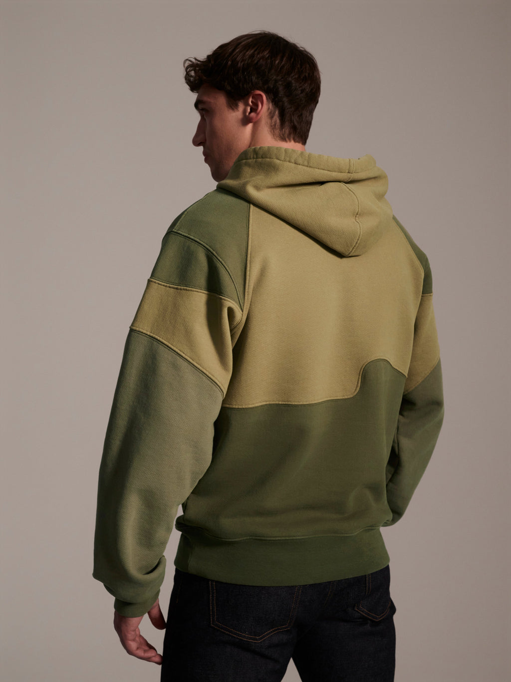 A back image of a male model wearing a color blocked pull-over hoodie in green tones featuring a printed logo 