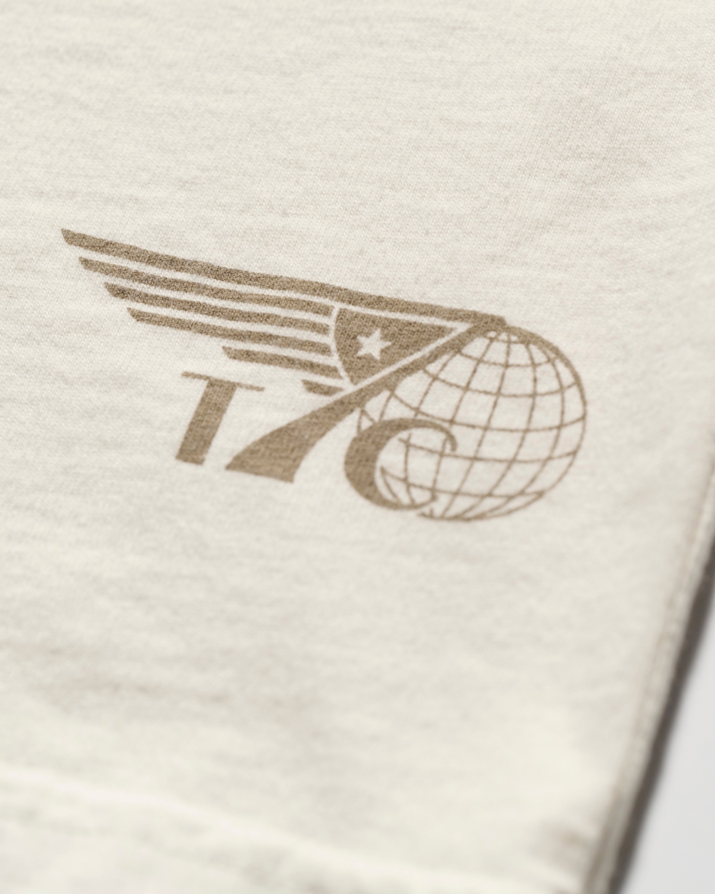 Close-up of the beige PRE-ORDER: THE KNOXS TEE WITH MERIDIAN PRINT by T7C, showing a brown design with stylized wings, 76, a star in a triangle, and a globe on the right.