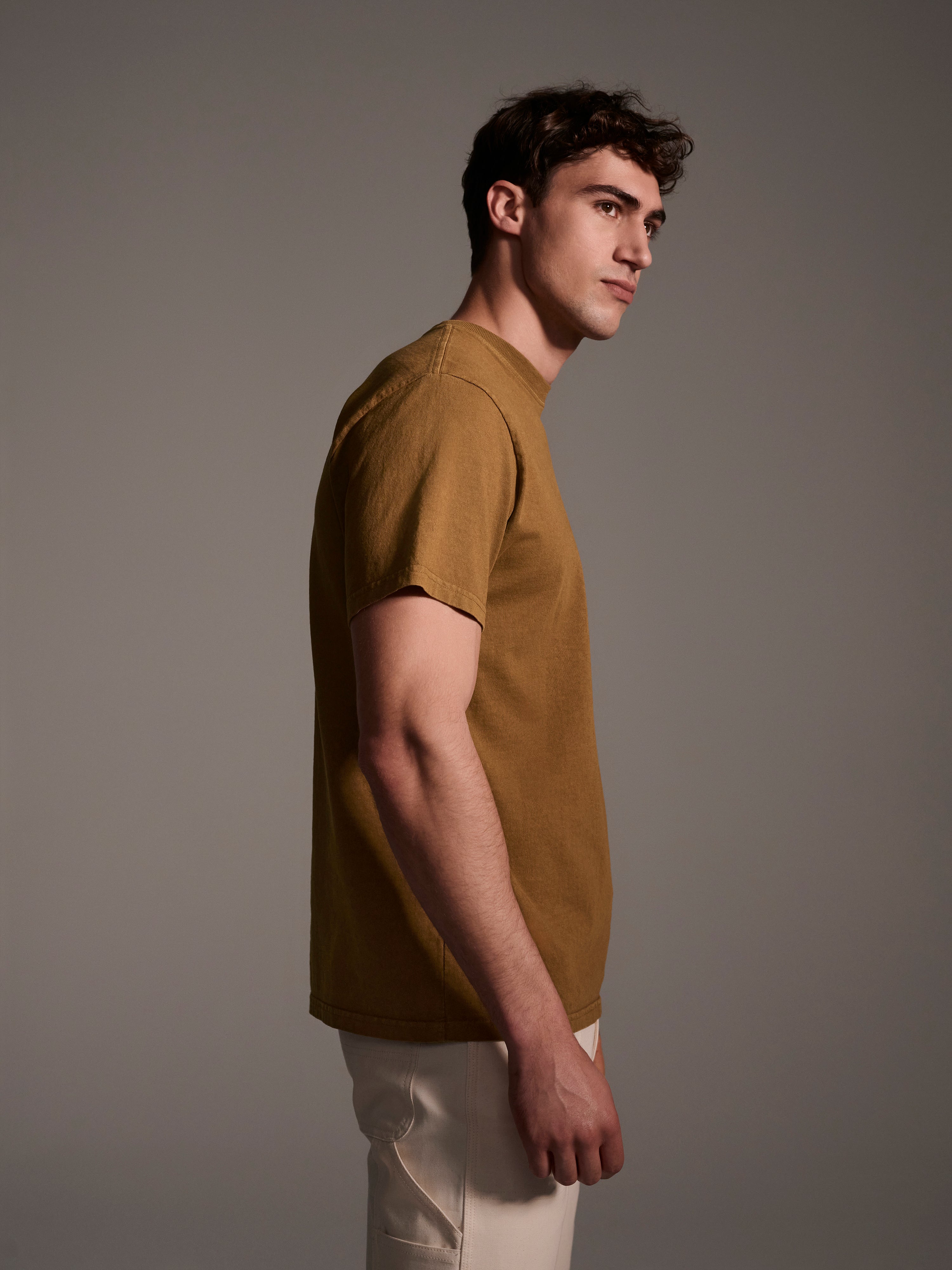 A profile image of a male model wearing a brown t-shirt with a logo detail